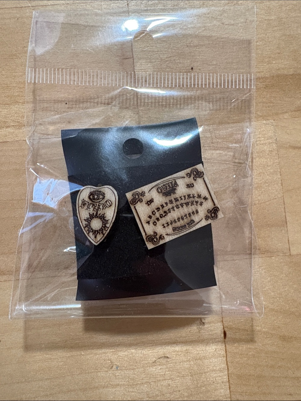 Wooden Ouija & Planchette Stud Earrings - Natural Beige